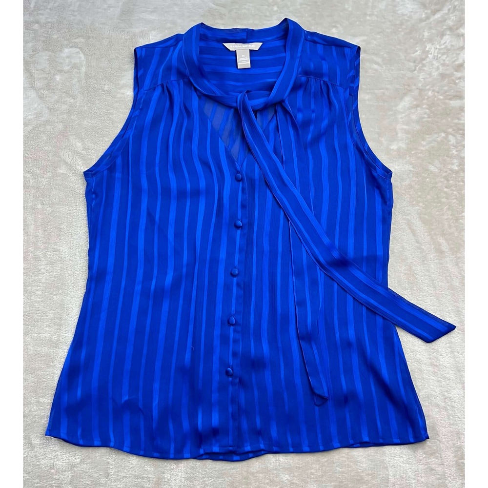 EUC Banana Republic Royal Blue Striped Sleeveless Tie Neck Button Front Blouse M